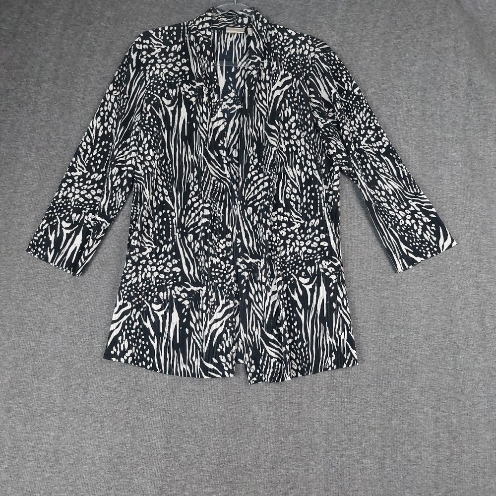EASY WEAR BY CHICOS WOMEN BLACK WHITE CRINKLE GEOMETRIC PRINT OPEN FRONT CARDI L